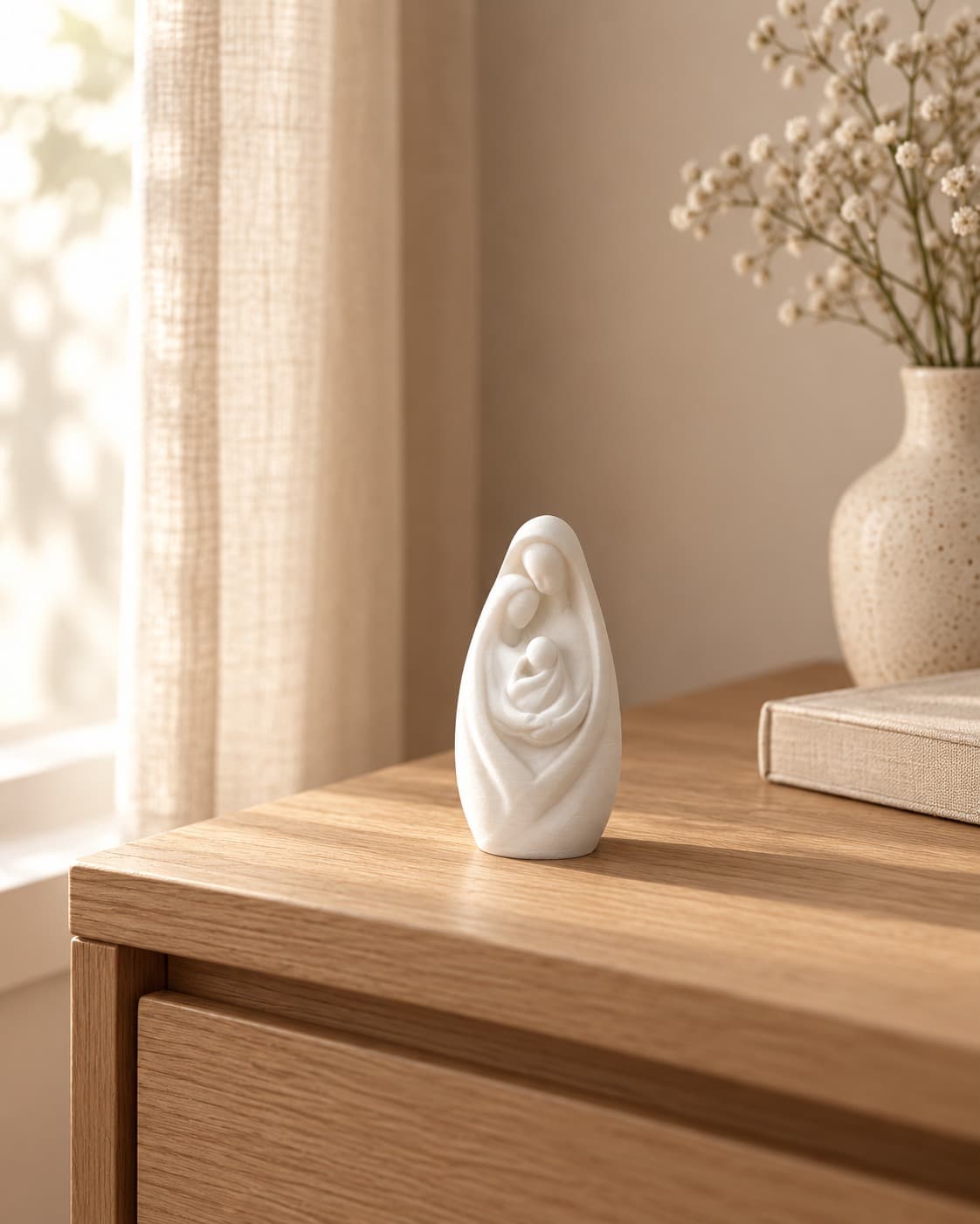 Hogar Sagrado sobre un mueble de madera, junto a libros y flores blancas