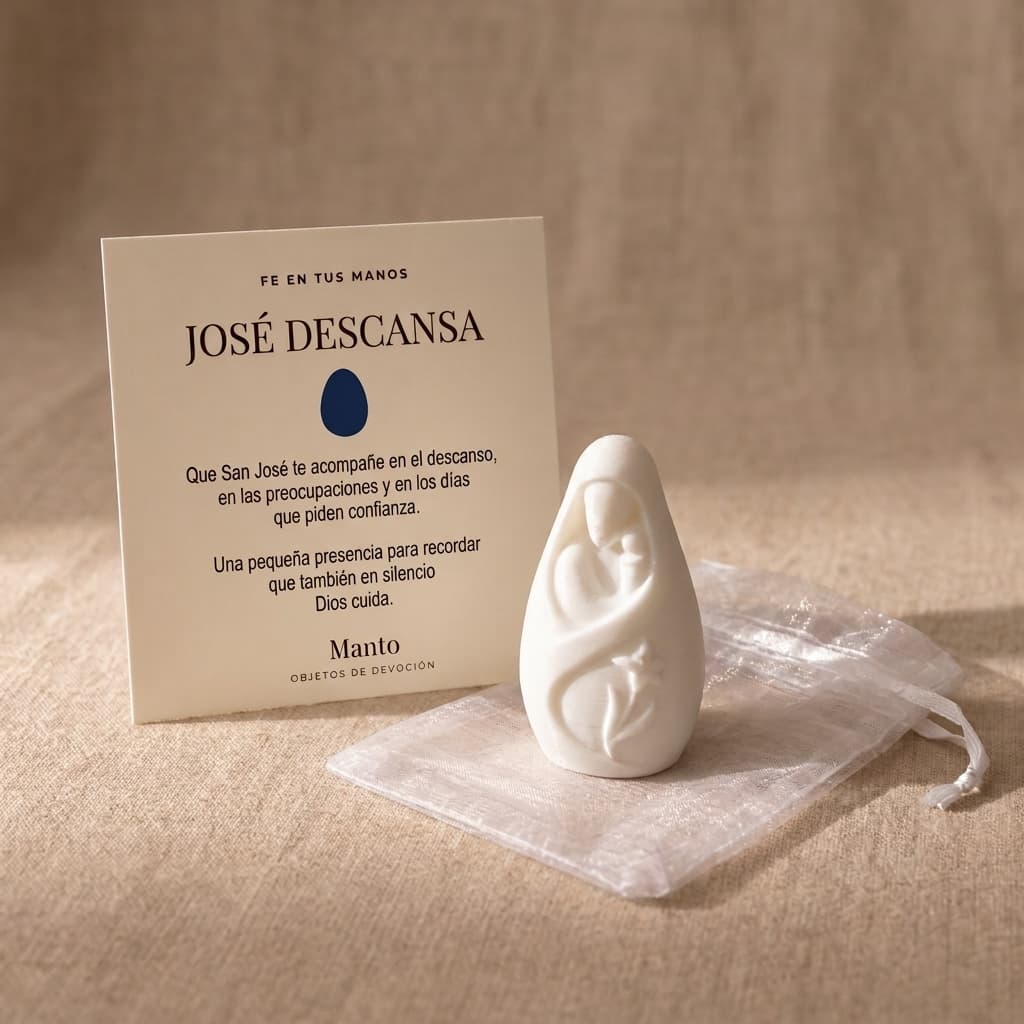José Descansa con su tarjeta devocional y bolsita de organza, sobre lino
