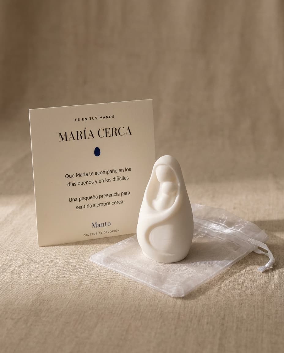 María Cerca junto a su tarjeta impresa y su bolsita de organza, sobre lino