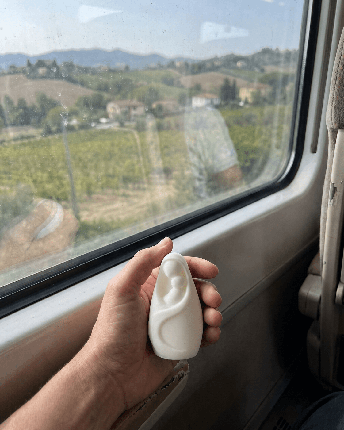 María Cerca en la mano junto a la ventanilla de un tren, con viñedos y colinas al fondo